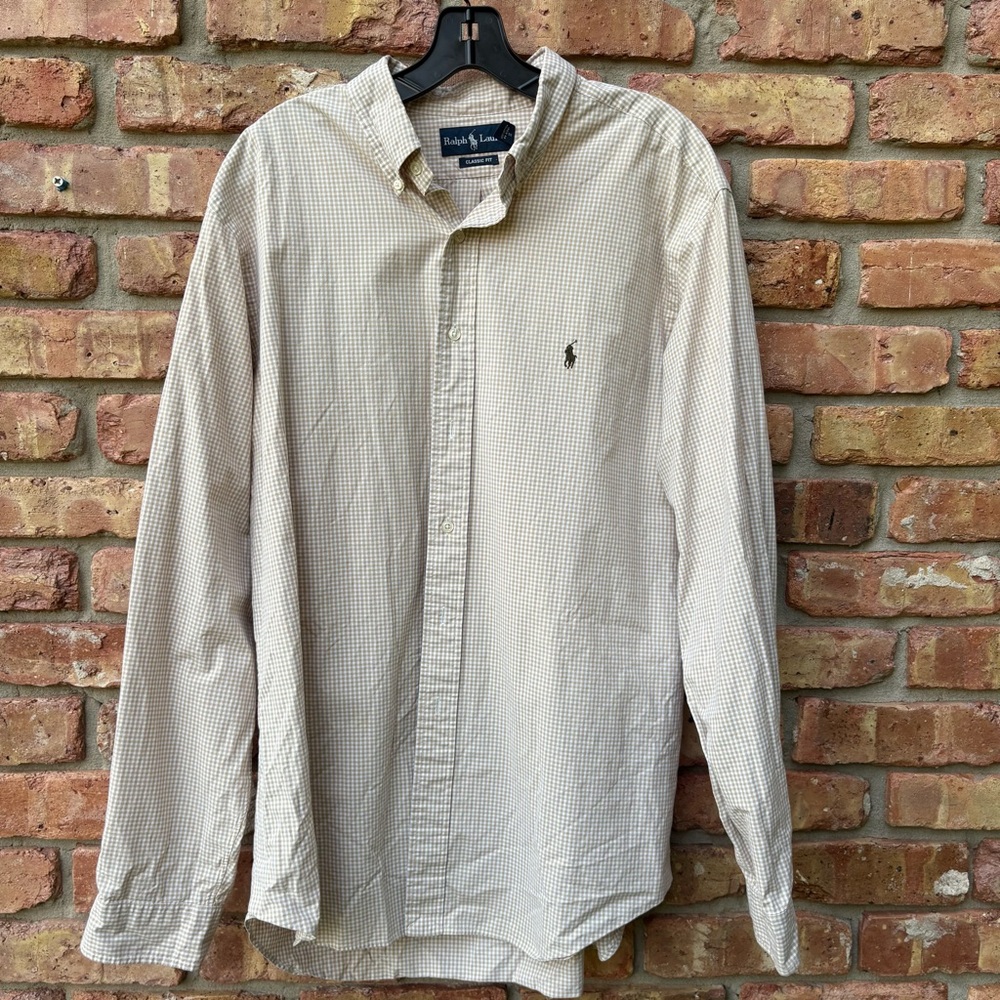 POLO RALPH LAUREN LONG SLEEVE DRESS SHIRT TAN GINGHAM CHECKERED XL 17.5